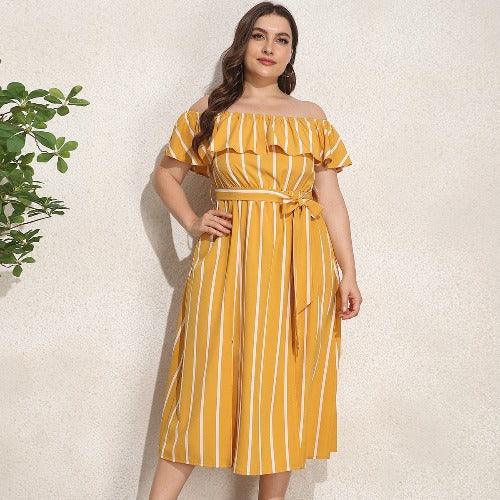 Plus Size Ruffles Belted Slash Off-Shoulder Midi Dress