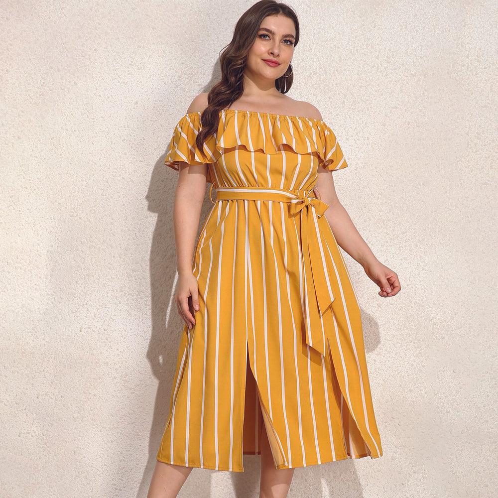 Plus Size Ruffles Belted Slash Off-Shoulder Midi Dress