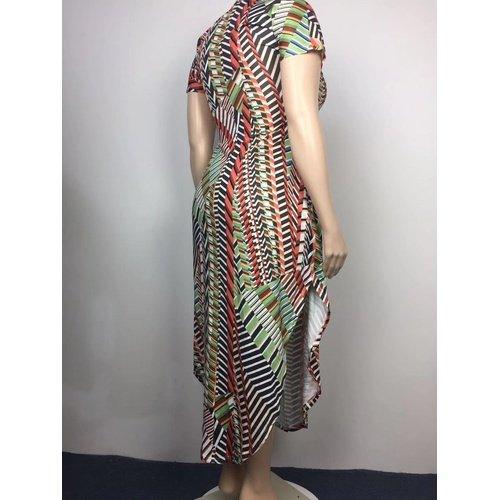 Plus Size Short Sleeve Striped Print Casual Side Split Maxi Dress