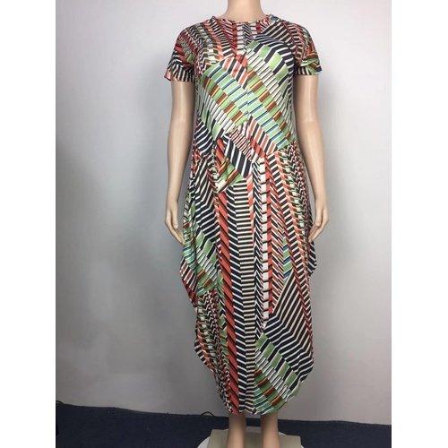Plus Size Short Sleeve Striped Print Casual Side Split Maxi Dress