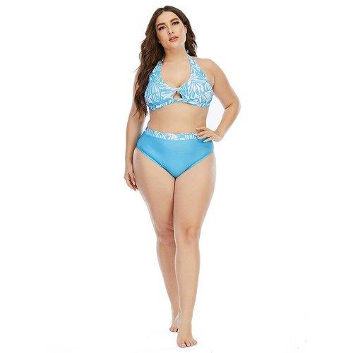 Plus Size Striped Neck-Halter High Waist Bikini Set