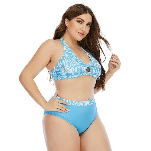 Plus Size Striped Neck-Halter High Waist Bikini Set