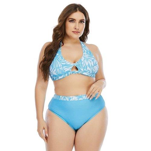 Plus Size Striped Neck-Halter High Waist Bikini Set