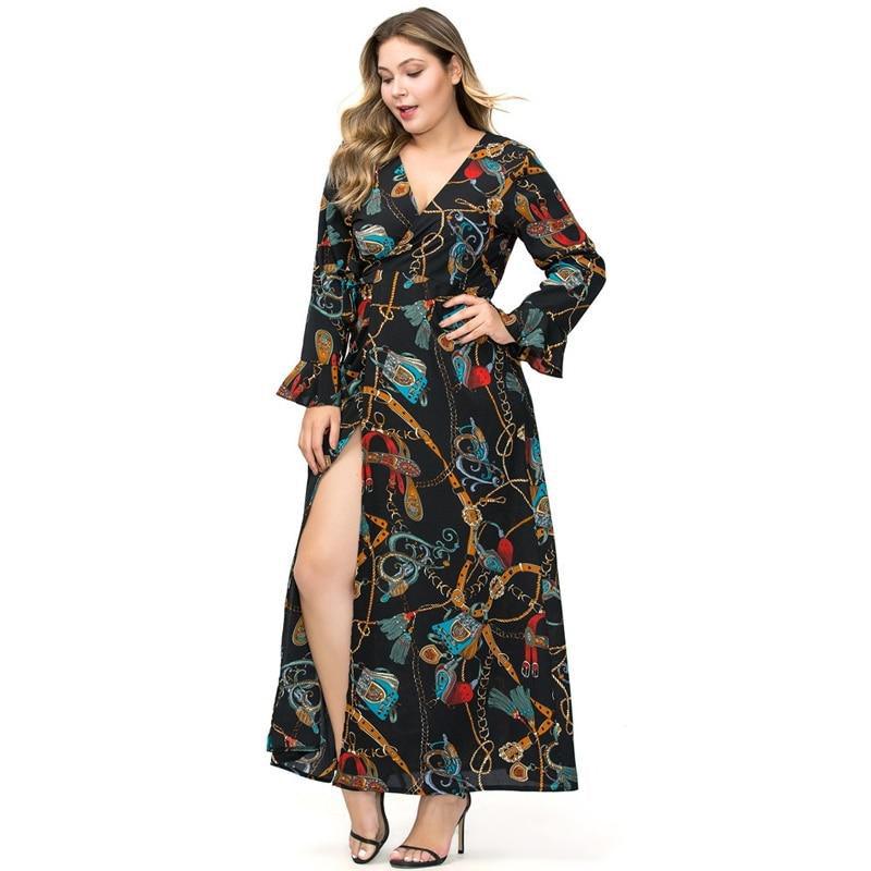 Plus Size V-Neck Long Sleeve Chain Print Retro Maxi Dress