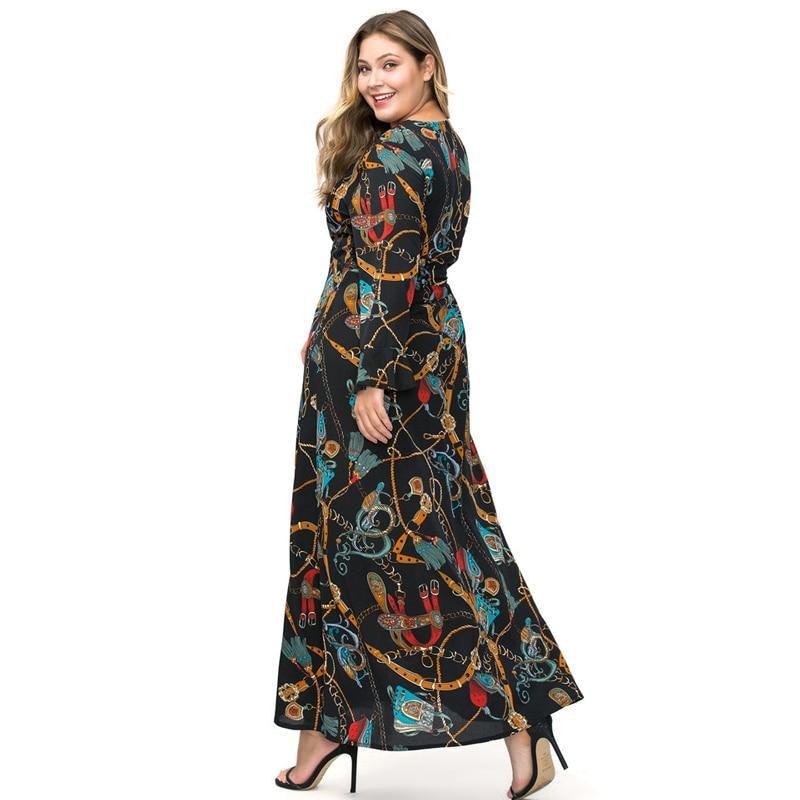 Plus Size V-Neck Long Sleeve Chain Print Retro Maxi Dress