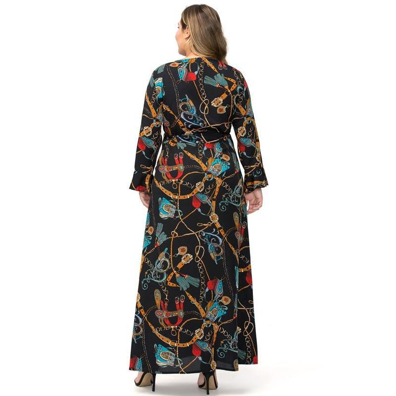 Plus Size V-Neck Long Sleeve Chain Print Retro Maxi Dress