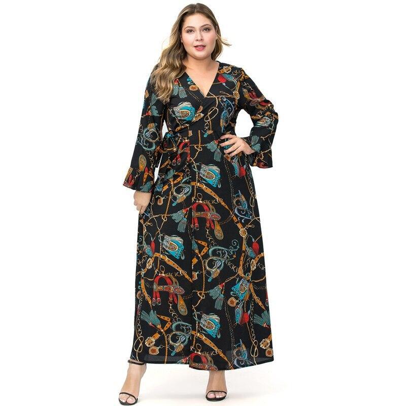 Plus Size V-Neck Long Sleeve Chain Print Retro Maxi Dress