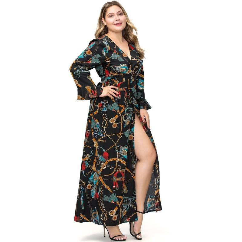 Plus Size V-Neck Long Sleeve Chain Print Retro Maxi Dress