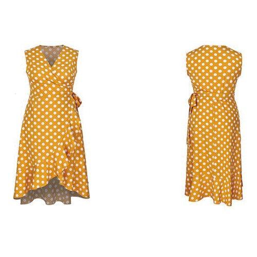 Plus Size Sleeveless Polka Dot Printed Ruffle Swing Maxi Dress