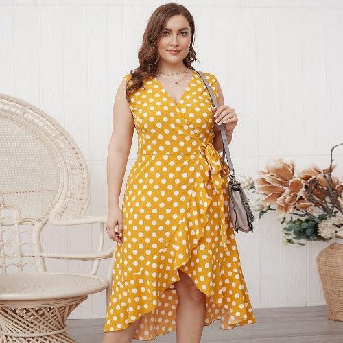 Plus Size Sleeveless Polka Dot Printed Ruffle Swing Maxi Dress