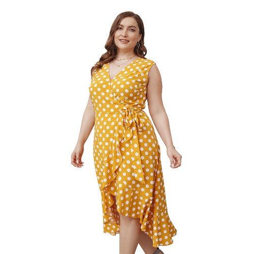 Plus Size Sleeveless Polka Dot Printed Ruffle Swing Maxi Dress