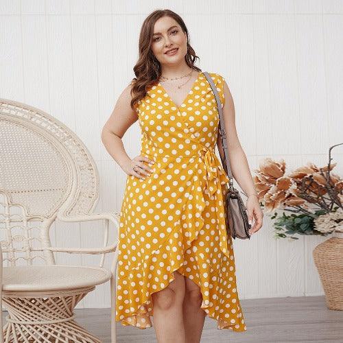 Plus Size Sleeveless Polka Dot Printed Ruffle Swing Maxi Dress