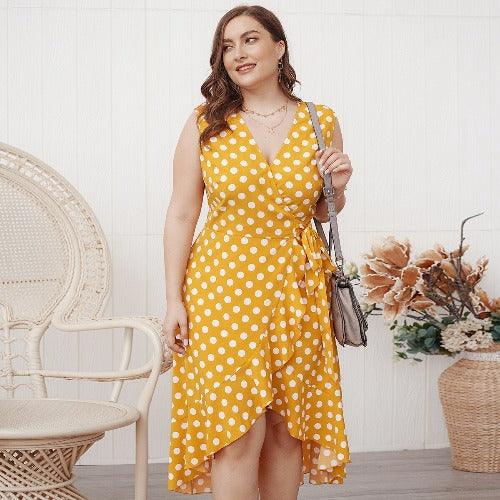 Plus Size Sleeveless Polka Dot Printed Ruffle Swing Maxi Dress