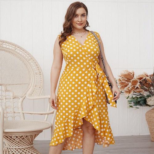 Plus Size Sleeveless Polka Dot Printed Ruffle Swing Maxi Dress