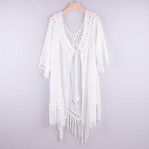 Crochet Patchwork Tunic Hollow Out Tassel Swimsuit Coverup