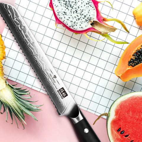 Cut the dragon fruit in half with a shan zu pro series bread knife