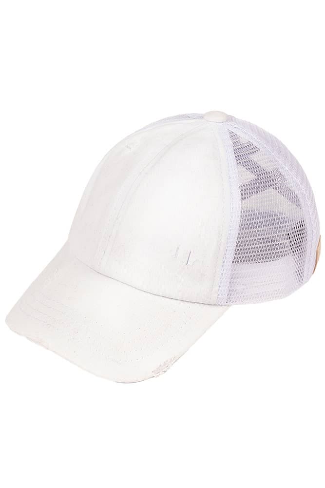 Washed Denim Mesh Kids Crossed Elastic Band Pony Cap: White