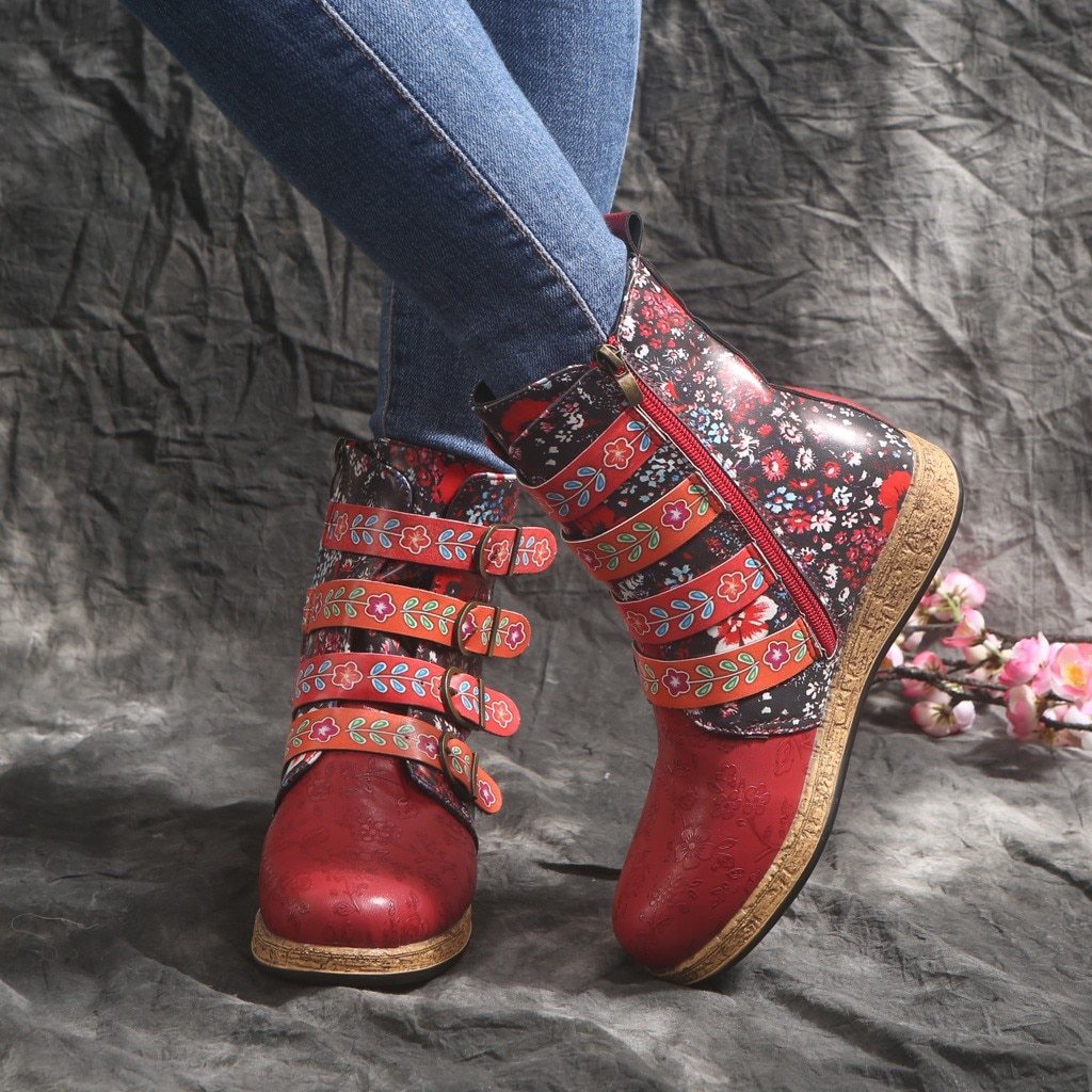 Women Snow Boots Ankle Length With Flower Prints Buckle Straps