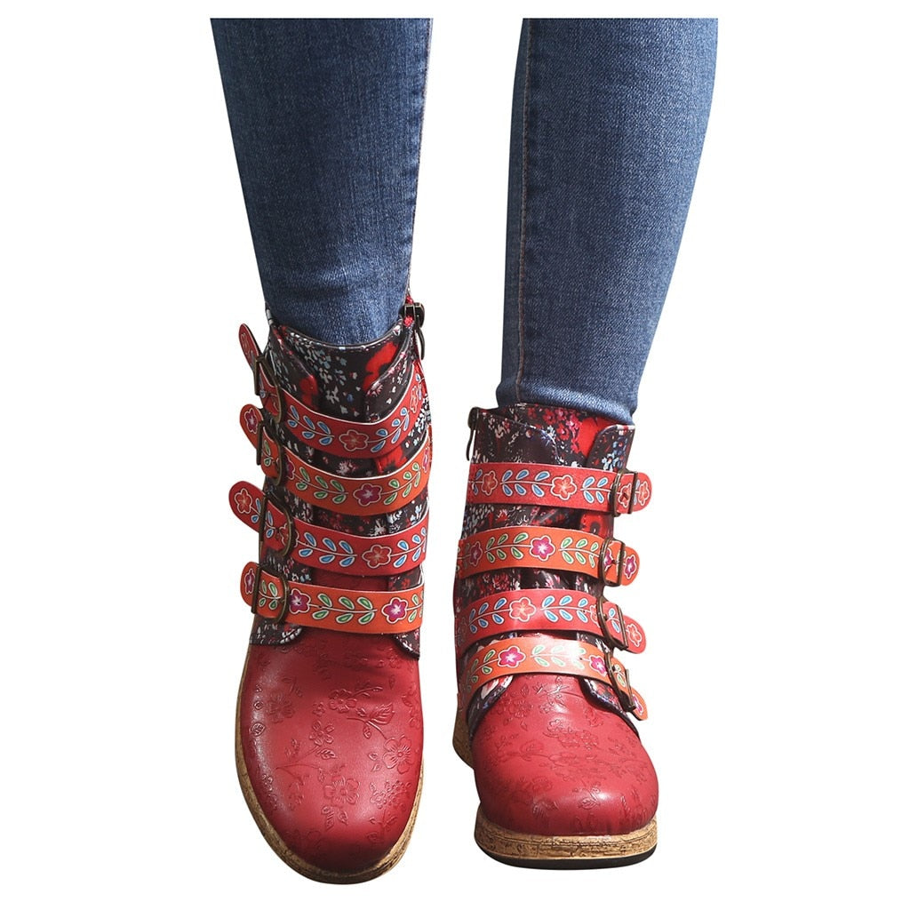 Women Snow Boots Ankle Length With Flower Prints Buckle Straps