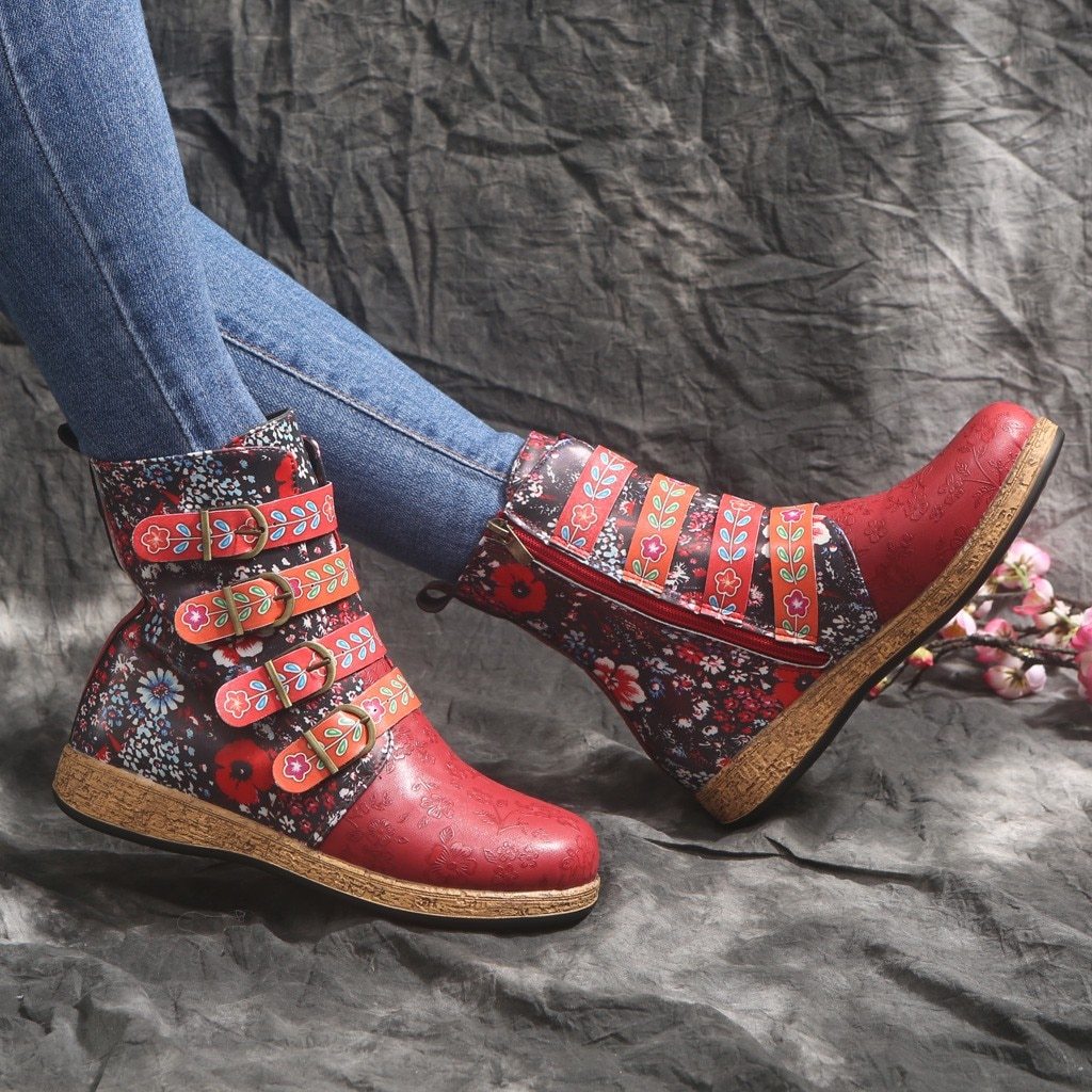 Women Snow Boots Ankle Length With Flower Prints Buckle Straps