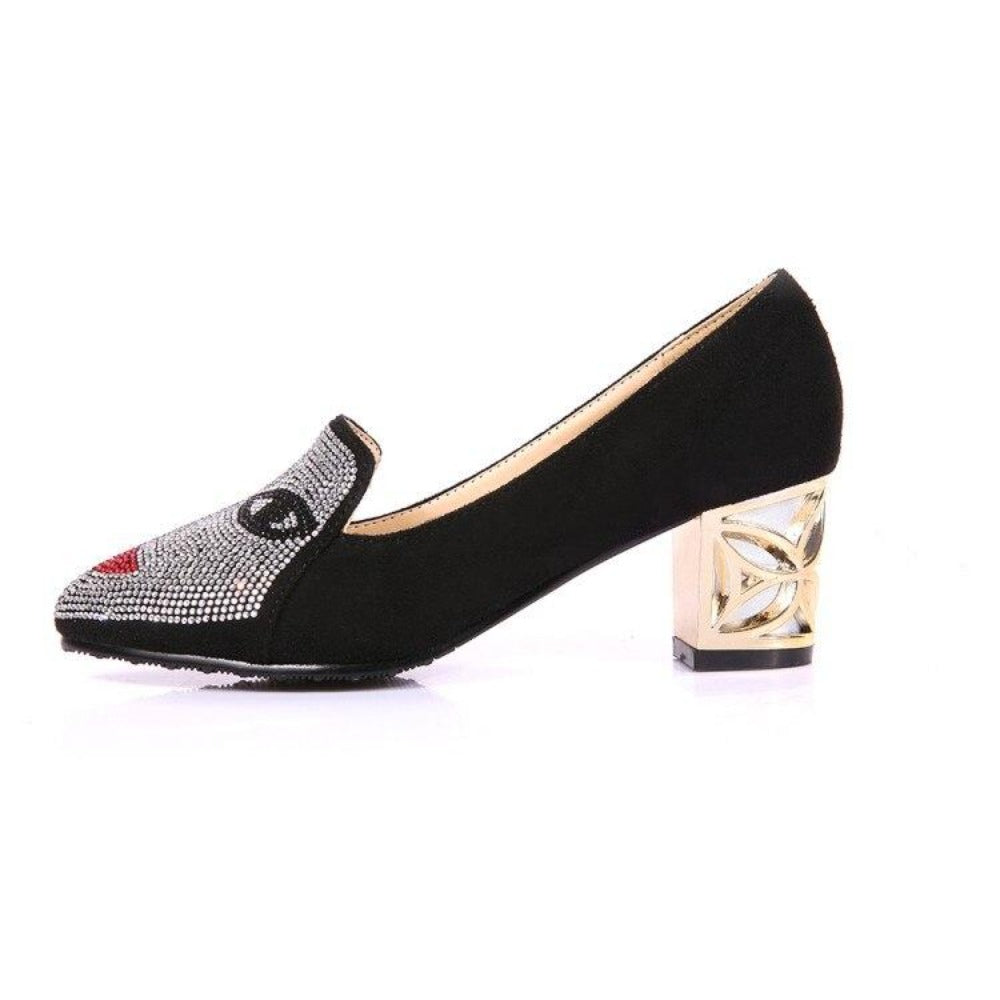 Square Heel Pumps Shoes With Abstract Face Design For Women