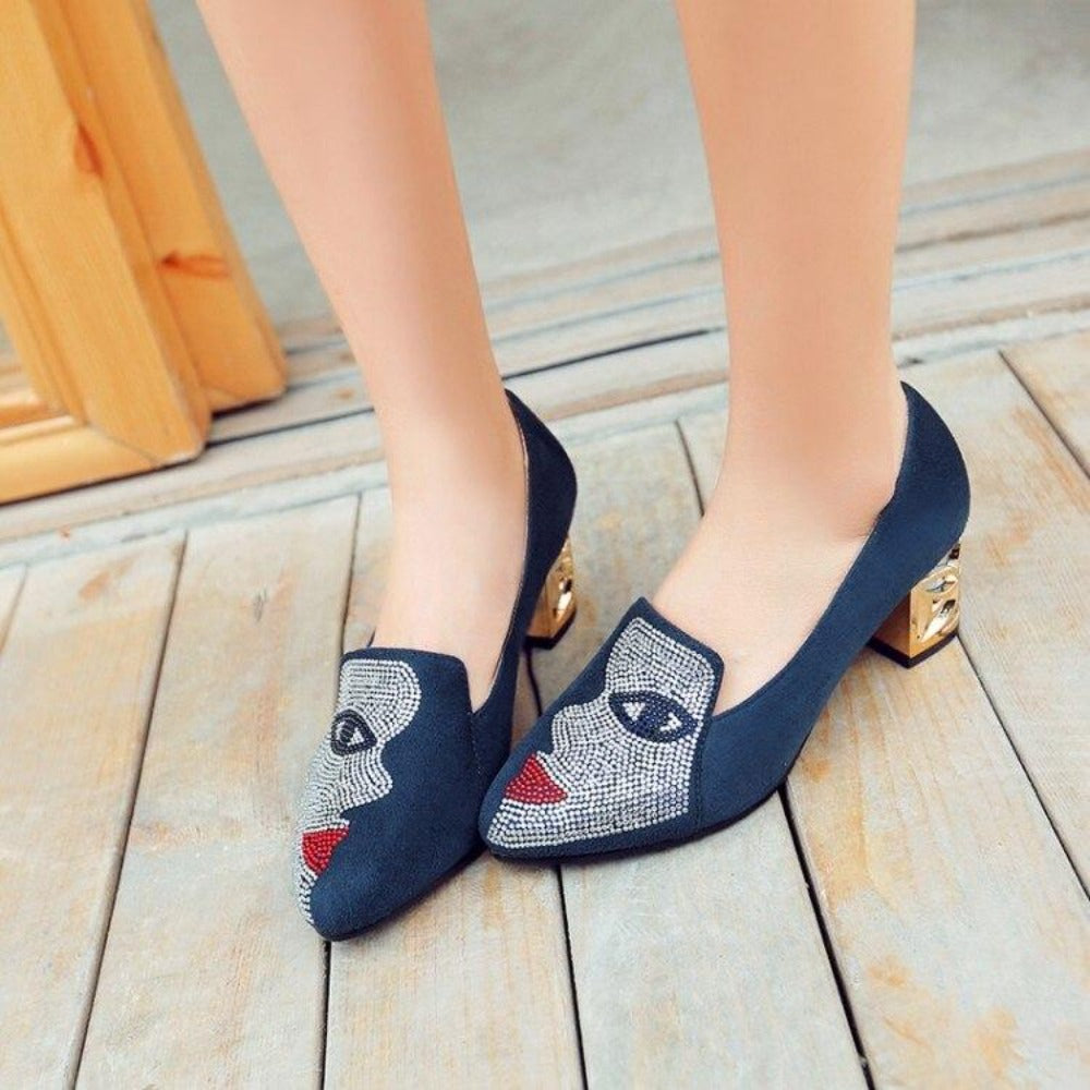 Square Heel Pumps Shoes With Abstract Face Design For Women