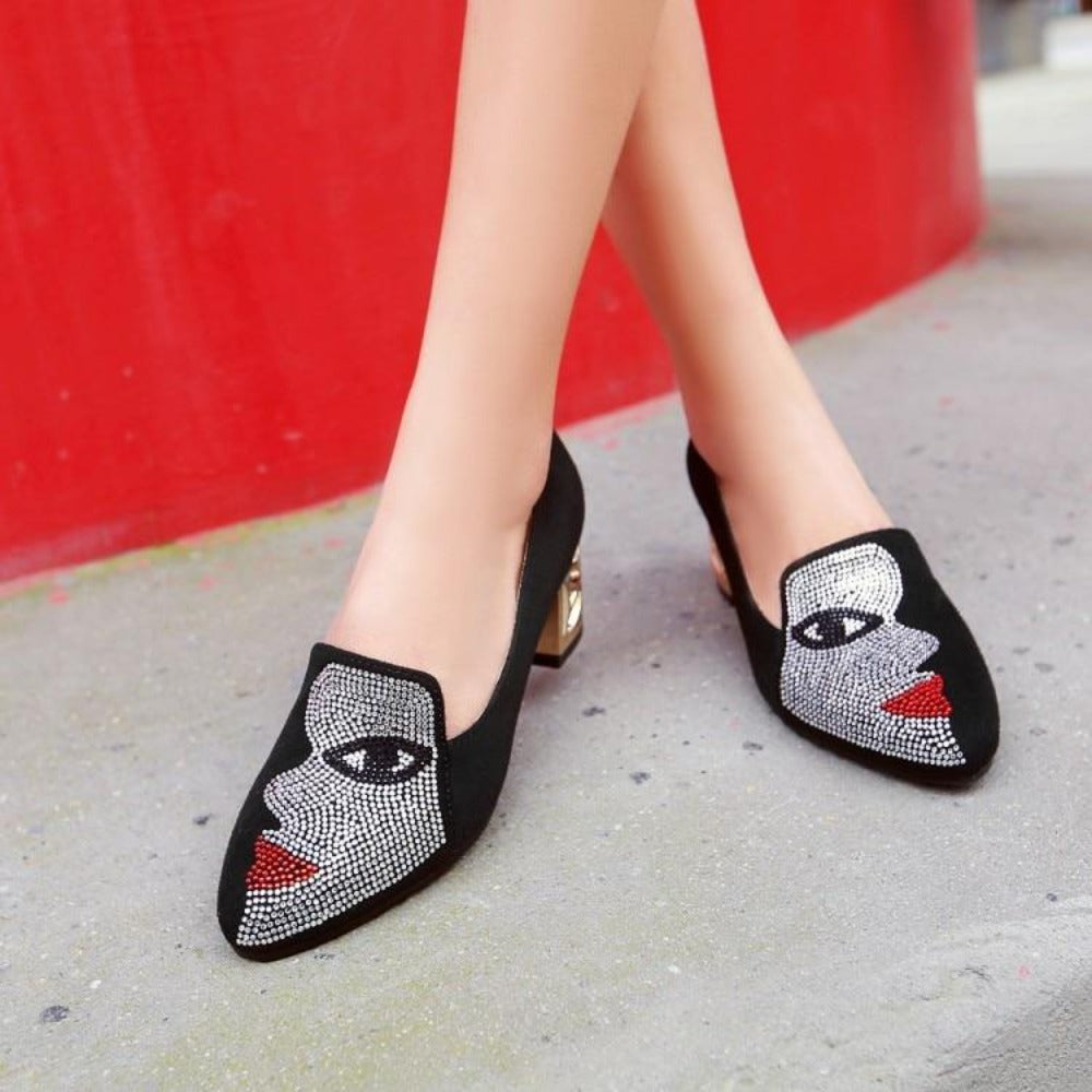 Square Heel Pumps Shoes With Abstract Face Design For Women