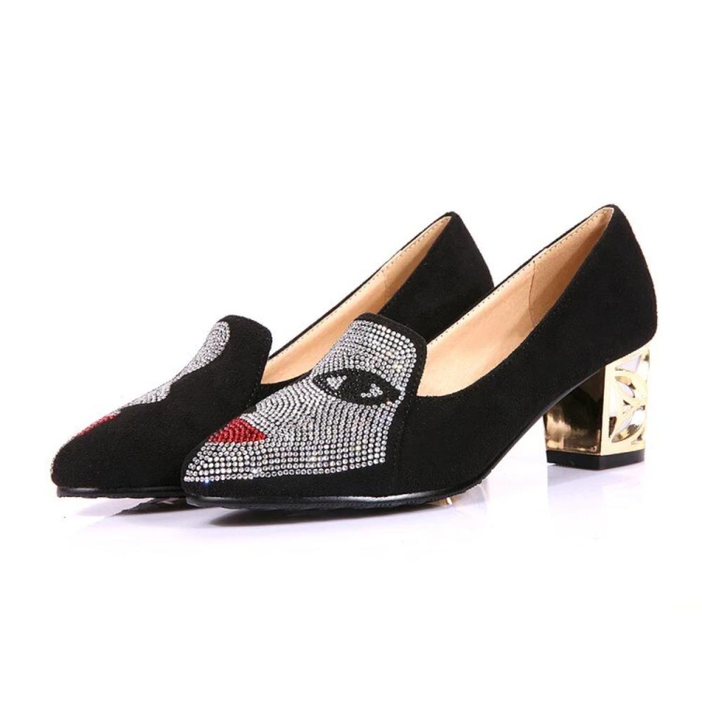 Square Heel Pumps Shoes With Abstract Face Design For Women