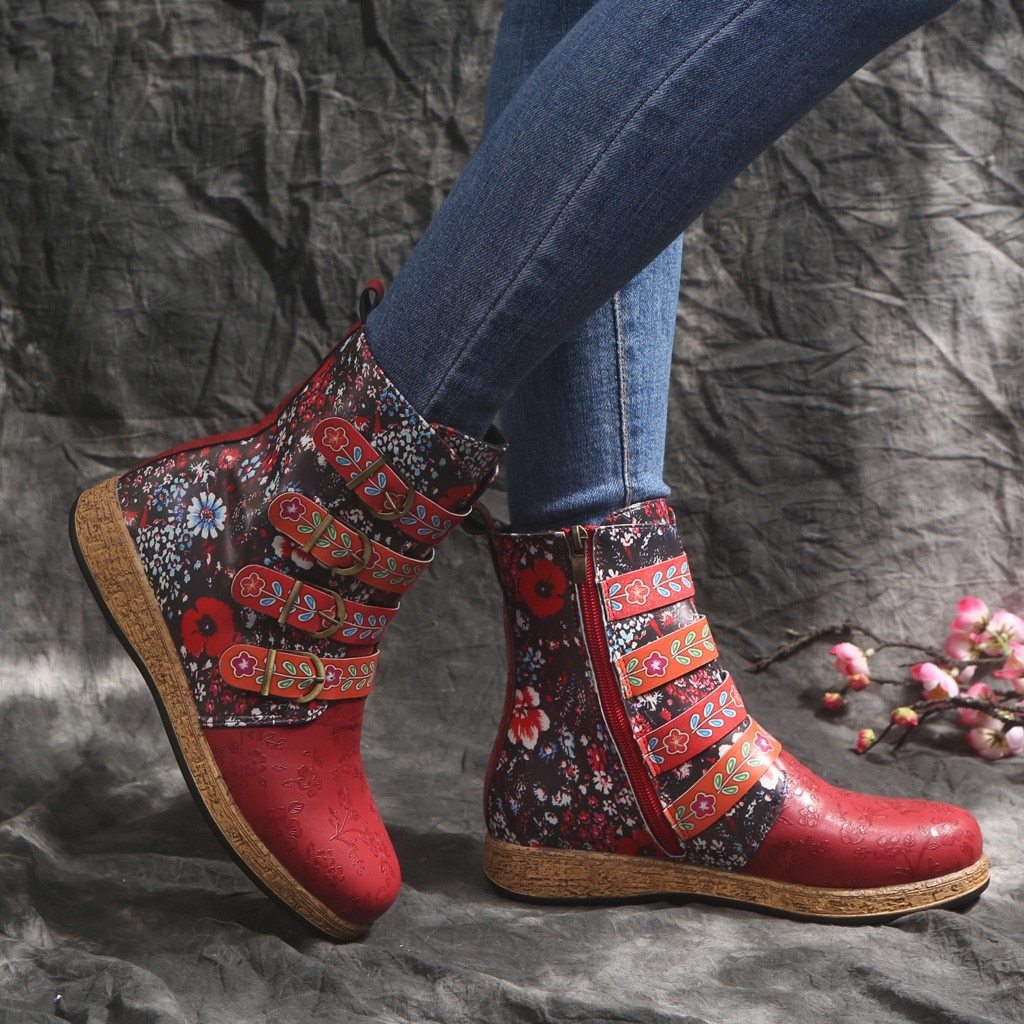 Women Snow Boots Ankle Length With Flower Prints Buckle Straps