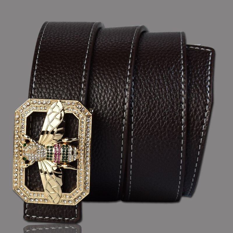 Leather Belt With Colorful Bee Buckle & Studded Semi Precious Stones
