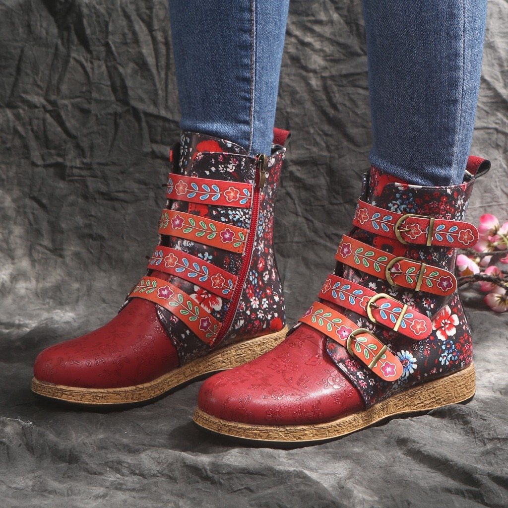 Women Snow Boots Ankle Length With Flower Prints Buckle Straps