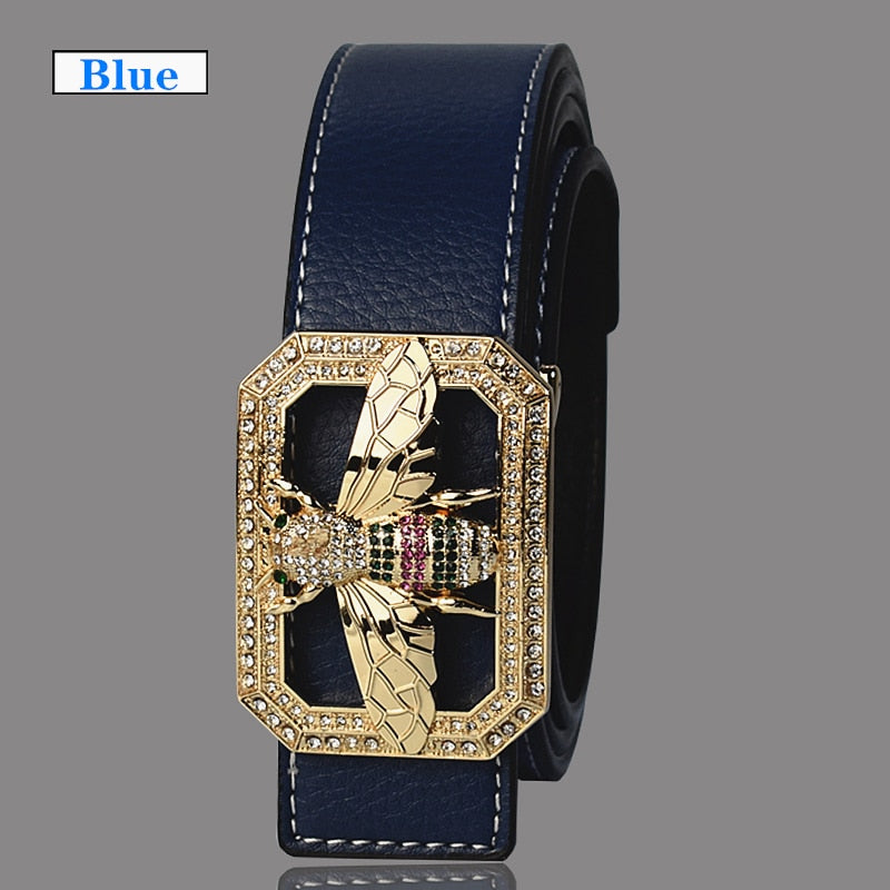 Leather Belt With Colorful Bee Buckle & Studded Semi Precious Stones