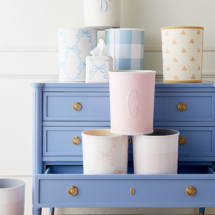 Linen Wastebasket in Ivory with Blue Trim