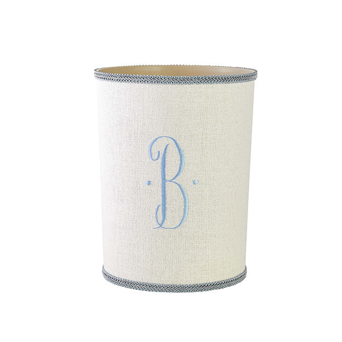 Linen Wastebasket in Ivory with Blue Trim