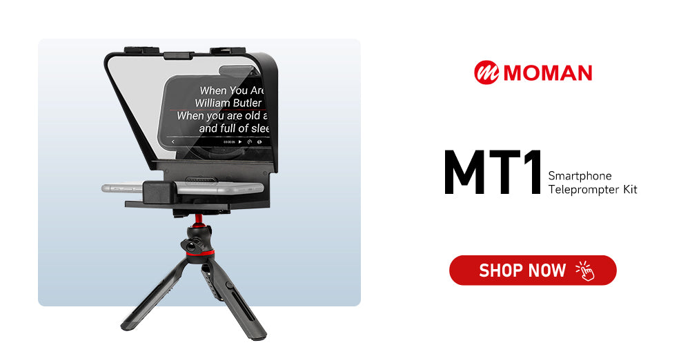 Moman MT1 iPhone teleprompter has a handheld grip and remote for easy use. It applies to Tiktok videos and lives, and also online presentations or speeches.
