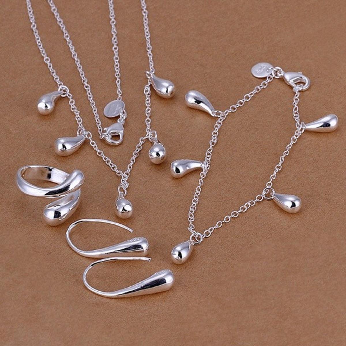 Sterling Silver Drop Necklace Bracelet Ring Adjustable & Earrings N925 | Fashion Ladies Jewelry Set SS22