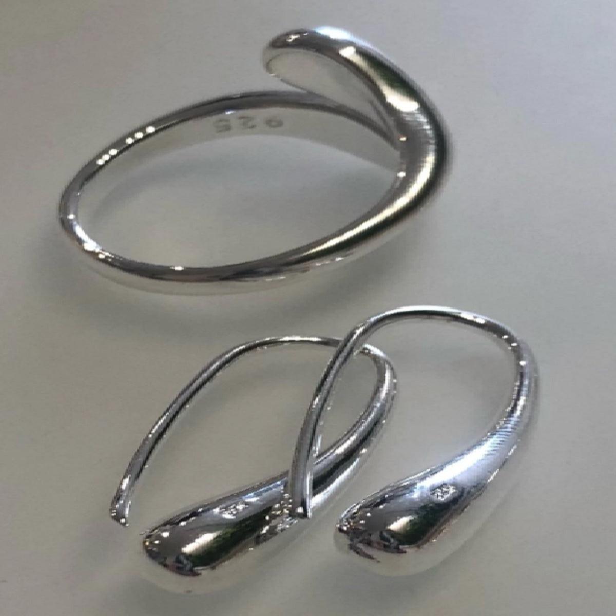 Sterling Silver Drop Necklace Bracelet Ring Adjustable & Earrings N925 | Fashion Ladies Jewelry Set SS22