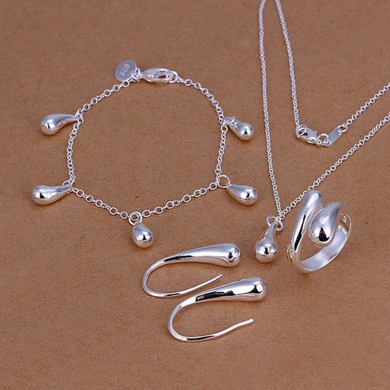 Sterling Silver Drop Necklace Bracelet Ring Adjustable & Earrings N925 | Fashion Ladies Jewelry Set SS22