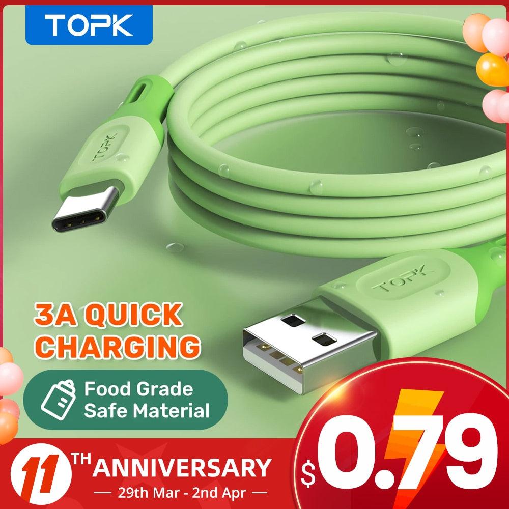 TOPK Micro USB Type C Cable for XiaoMi Red Mi Note 9 3A Fast Charging Liquid Silicone Mobile Phone Data Cable for Samsung Huawei