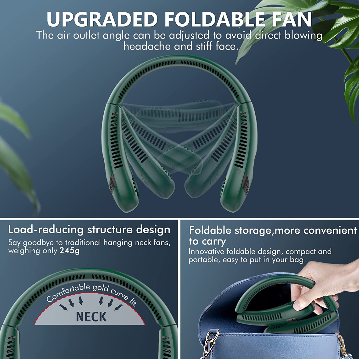 Portable Neck Fan, Upgraded Foldable Bladeless Neck Fan, 5000 mAh Rechargeable Battery, 3 Speeds Adjustment, Surround Airflow, USB Powered Hands Free Fan Perfect for Outdoor Indoor