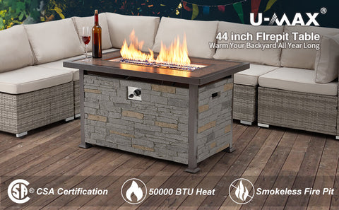 U-MAX Outdoor Propane Gas Fire Pit Table 44 Inch 50,000 BTU Gas Auto-Ignition Rectangle Firepit for Patio with Black Rattan Surface,Tempered Glass Lid & Glass Stone Rock CSA Certification 