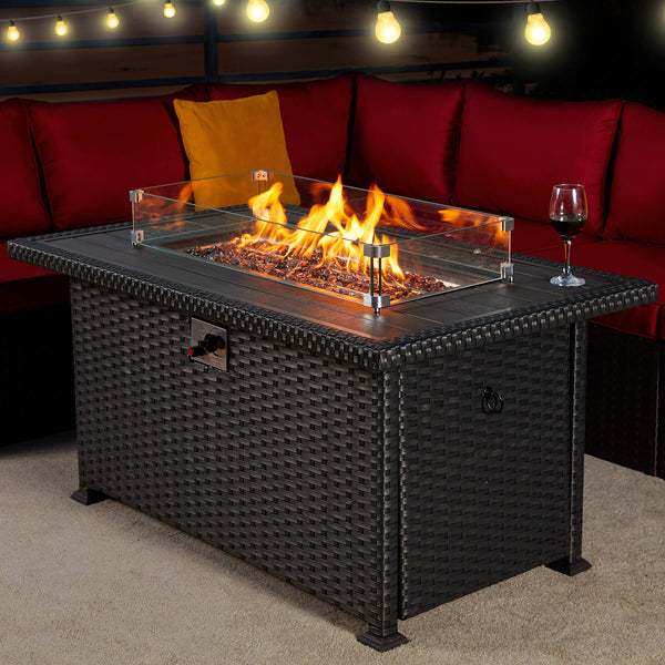 50" Propane Gas Fire Pit Table 50000 BTU Auto-Ignition with Windguard, Glass Stone, Black