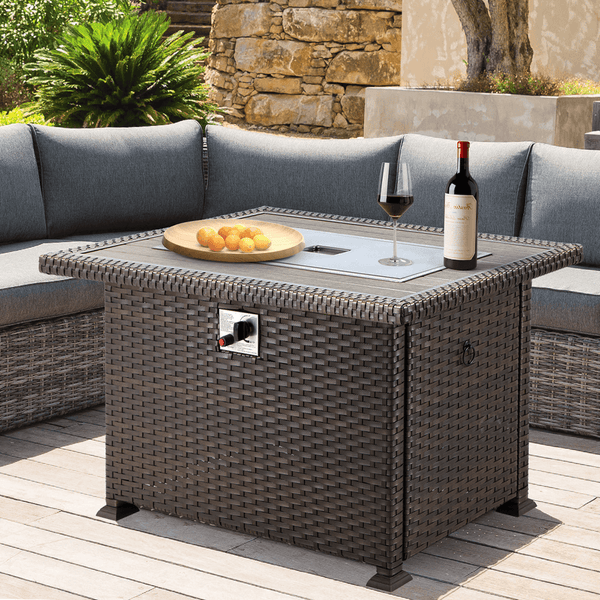 44" Outdoor Propane Gas Fire Pit Table 50000 BTU Auto-Ignition w/ Windguard, Glass Stone, Brown