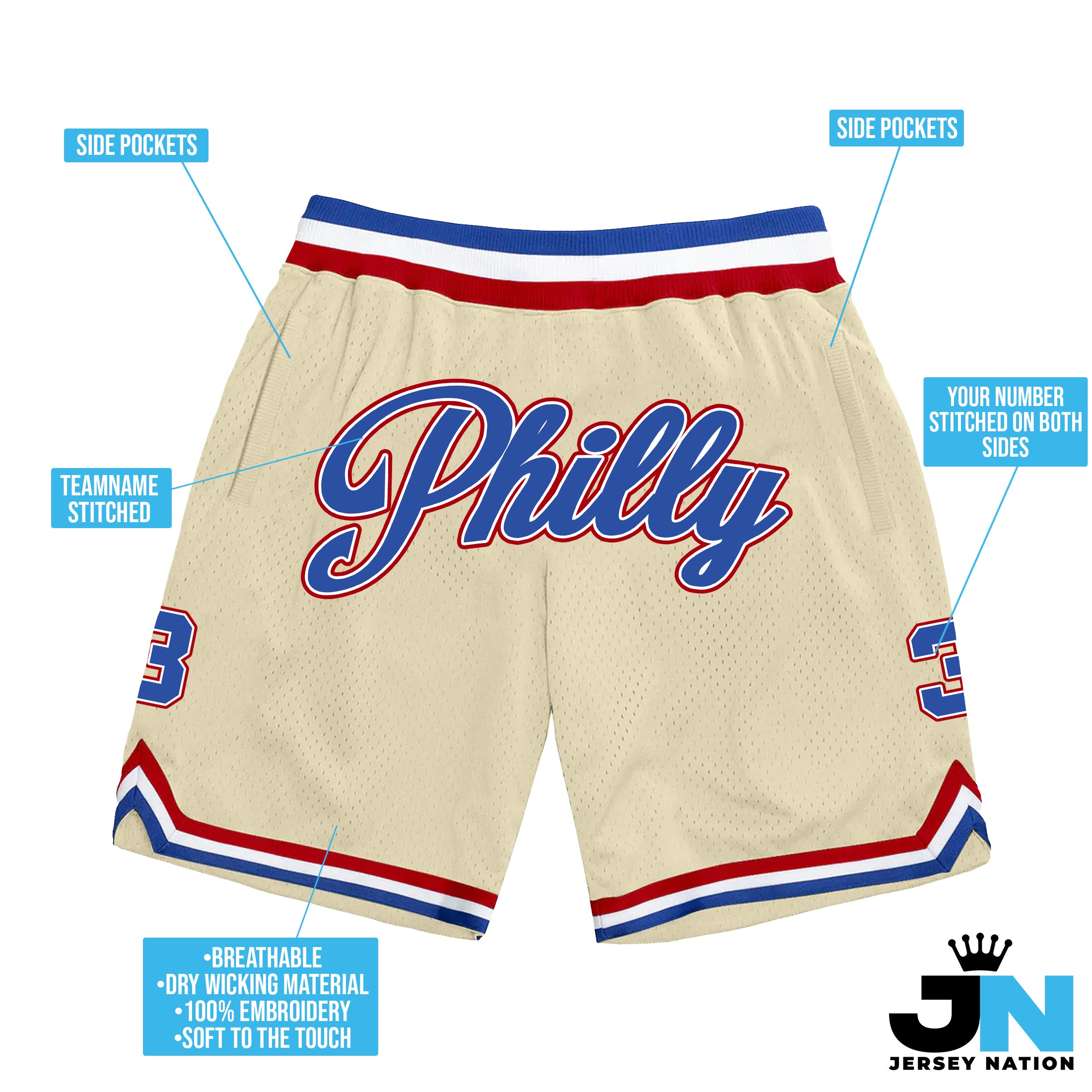 Cream Blue-Red Custom Basketball Shorts