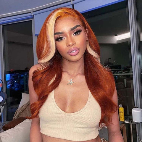 Sofeel 13x4 Transparent Lace Frontal Body Wave Ginger Orange Lace Front Wig With Blonde Streaks Highlights Color