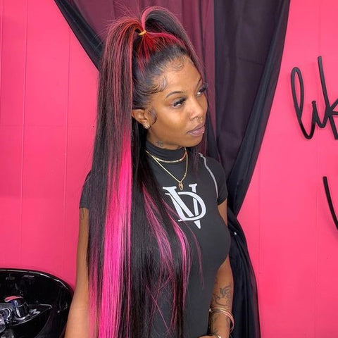 Sofeel 13x4 Transparent Lace Frontal Wig Black Hair With Pink Highlights Straight Hair Glueless Wig