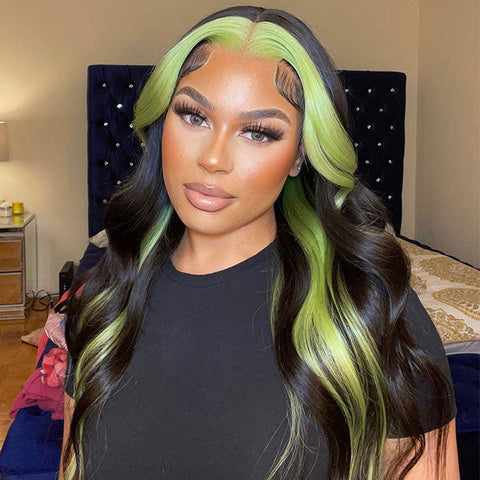 Sofeel 13x4 Transparent Lace Frontal Wig Skunk Stripe Green Black Color Straight Wigs For Women