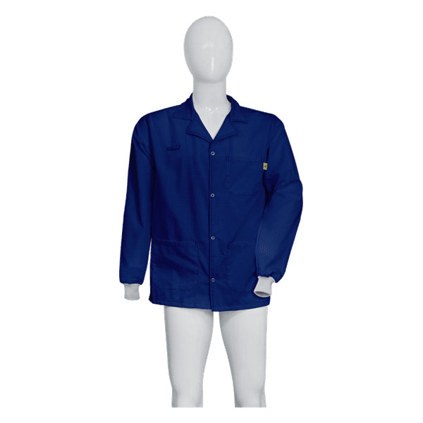 Tecstat PA 66% Poly,  32% Cotton, 2% Carbon Fiber NAVY BLUE ESD Smock, Waist Length, Lapel Collar, Snaps in Front, Knit Cuffs, 5XLG - ESM-M119_I2-T4