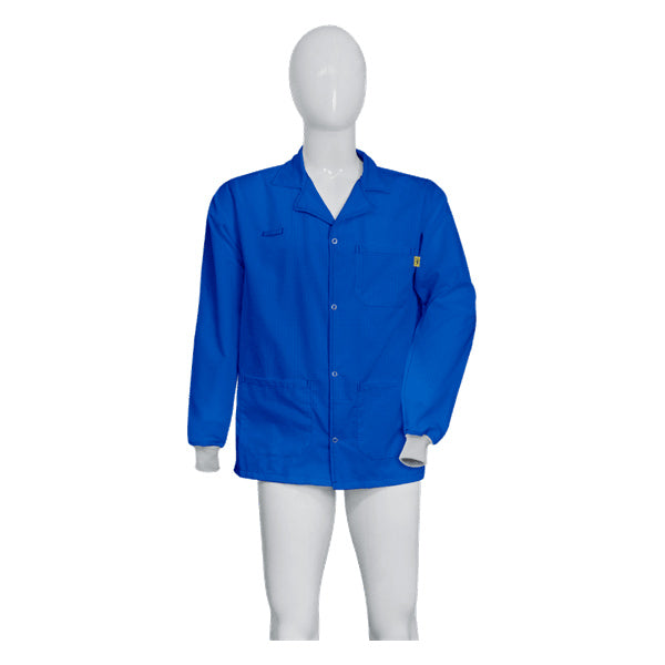 Tecstat PA 66% Poly,  32% Cotton, 2% Carbon Fiber ROYAL BLUE ESD Smock, Waist Length, Lapel Collar, Snaps in Front, Knit Cuffs, 4XLG - ESM-A118_I2-T4