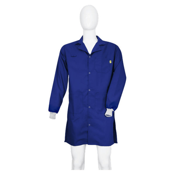 Tecstat PA 66% Poly,  32% Cotton, 2% Carbon Fiber NAVY BLUE ESD Smock, Knee Length, Lapel Collar, Snaps in Front, Knit Cuffs, 5XLG - ESM-M129_I2-T4